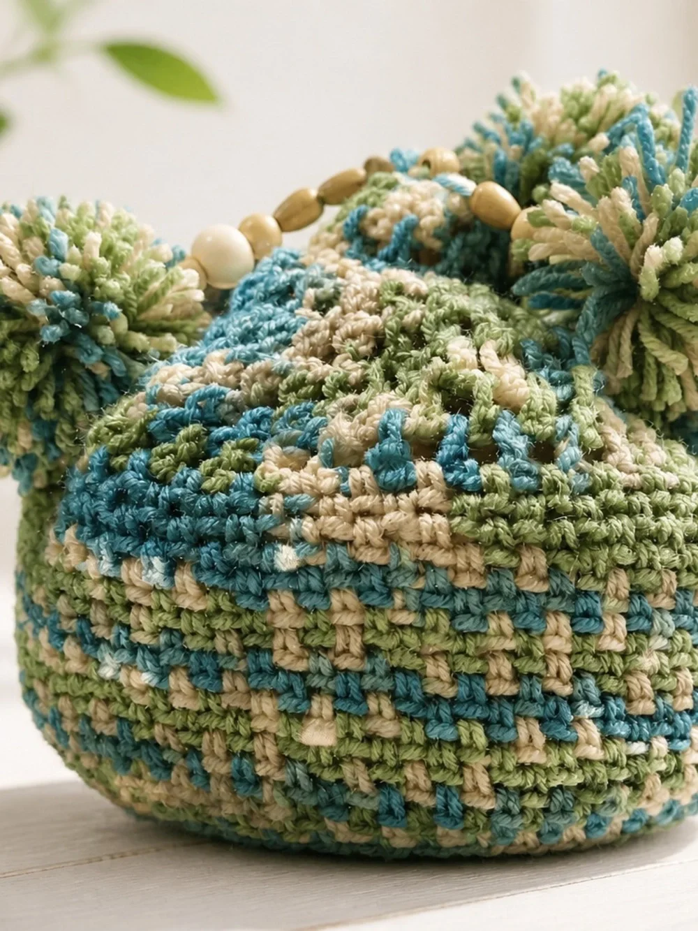 One-of-a-Kind Handcrafted Hippie Crochet Pom-Pom Hat Boho Beanie Wood Beads